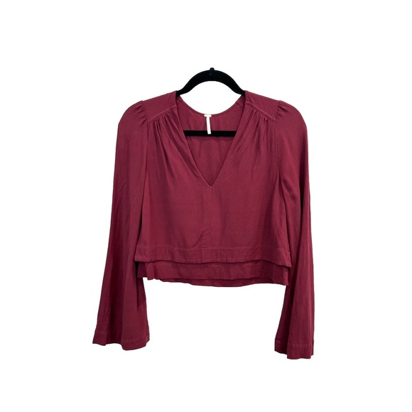 Free People Tops - Free People Cropped V-Neck Top XS Burgundy Wine Red Romantic Boho Bell Sleeve